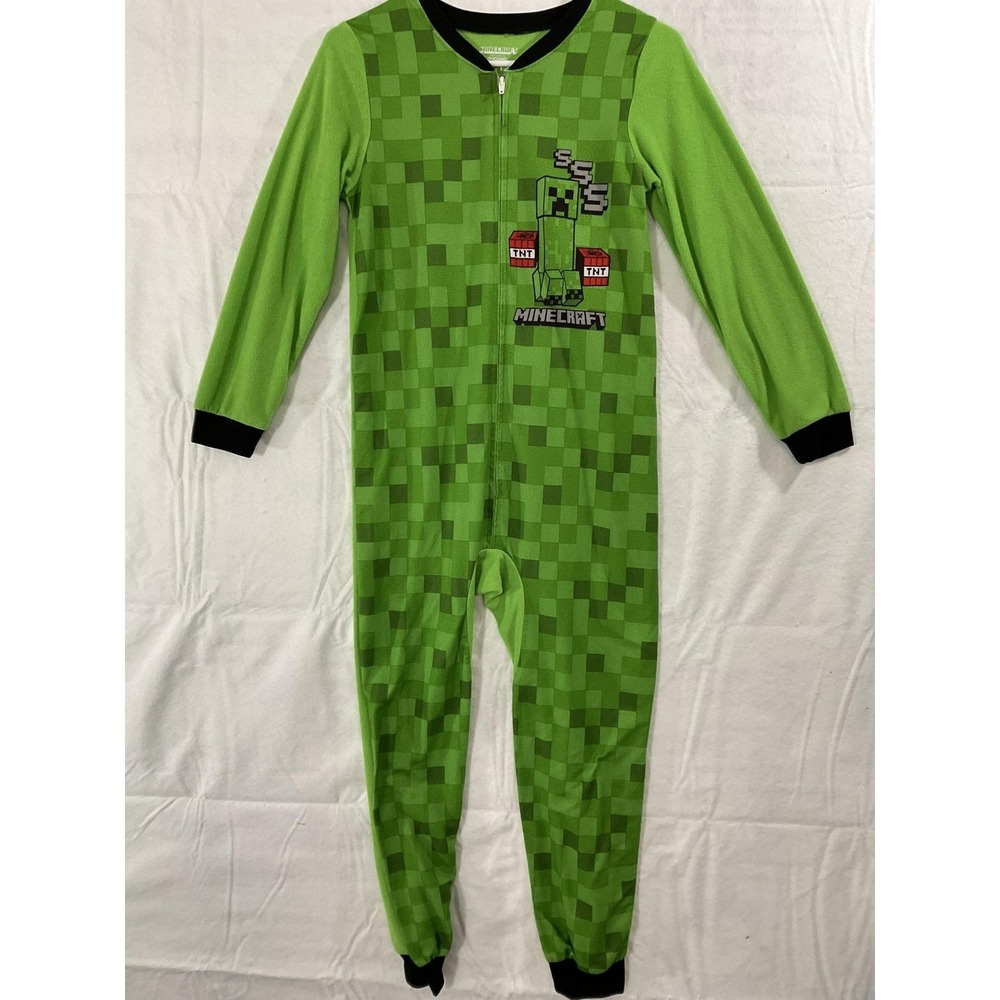 Minecraft One Piece Pajamas Boys 10/12 Green Creeper Fleece Zip Sleepwear